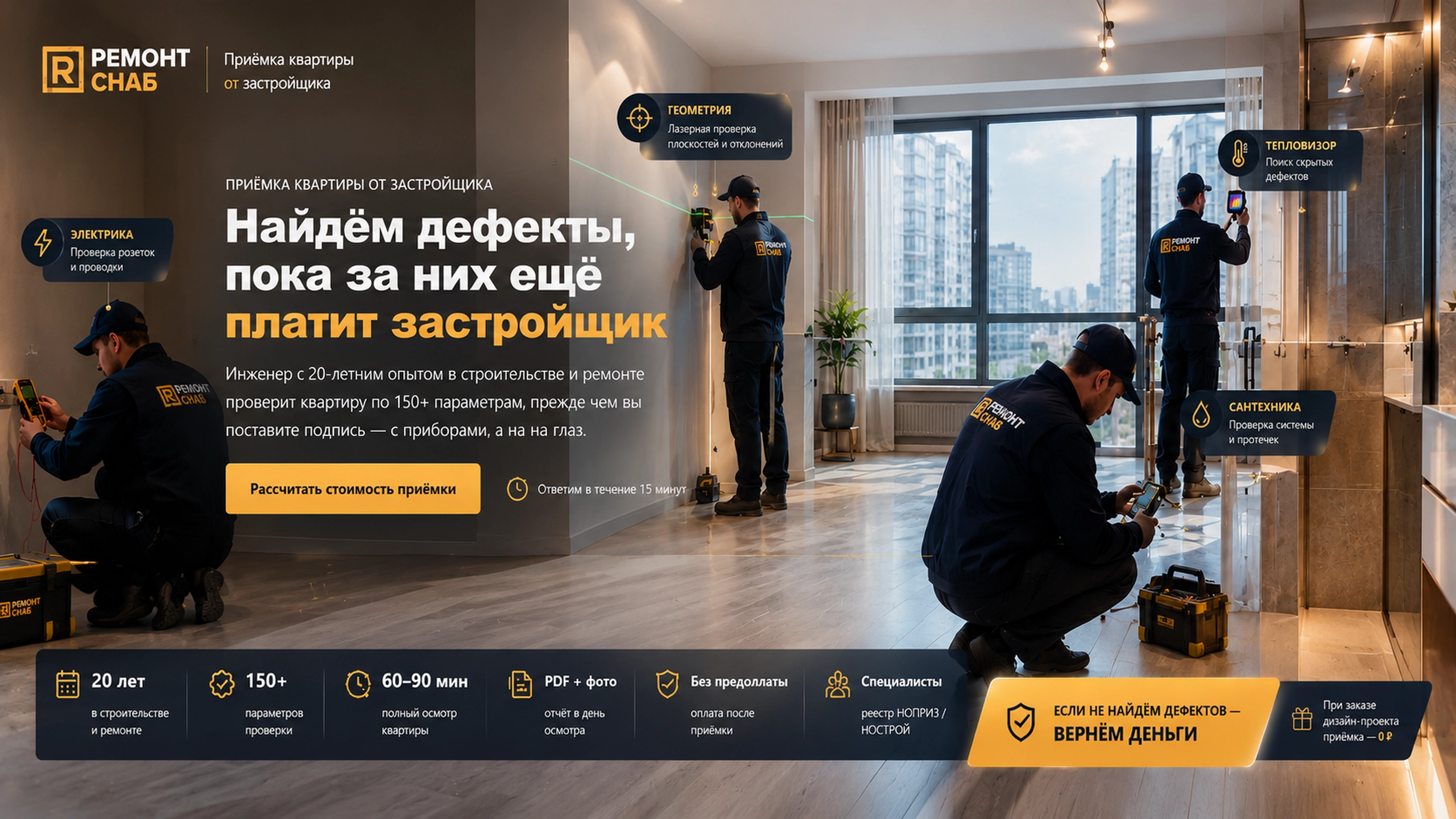 Приёмка квартиры от застройщика — инженеры на объекте